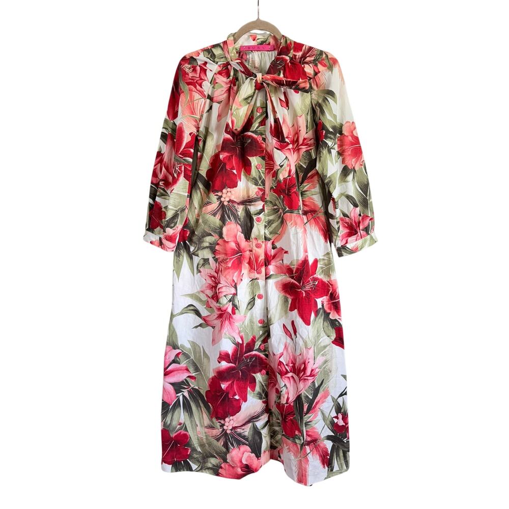 Buru Hibiscus Print Floral House Dress Midi Shirt Dress Extra Small XS